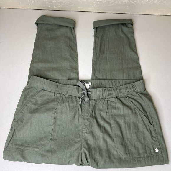 Roxy Cargo Pants Womens XXL Green Linen Blend On The Seashore Drawstring Cuffed - Picture 1 of 9